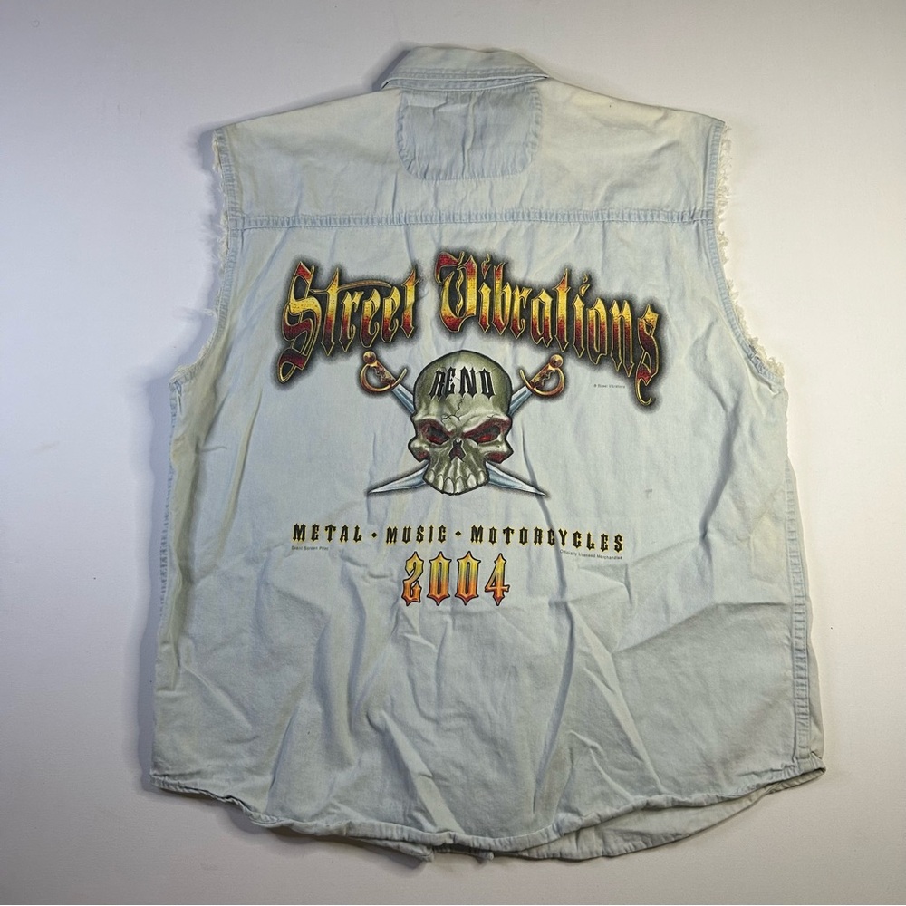 Vintage Y2k Biker Men XL Button Denim Vest Metal Music Motorcycles Skull Swords